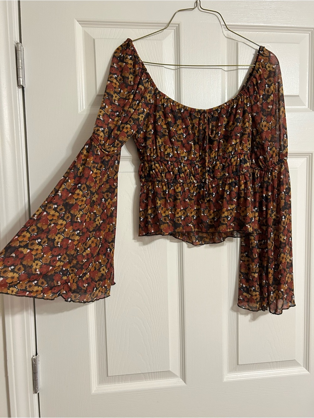 Boho Off-Shoulder Floral Peasant Top in Rust